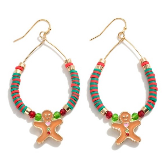 Judson Jewelry - Green Red Heishi Beaded Teardrop Earrings With Gingerbread Man Charm